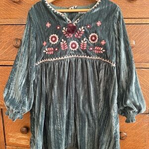 Girls' Velvet Embroidered Dress Tunic in Teal with Pink Accents